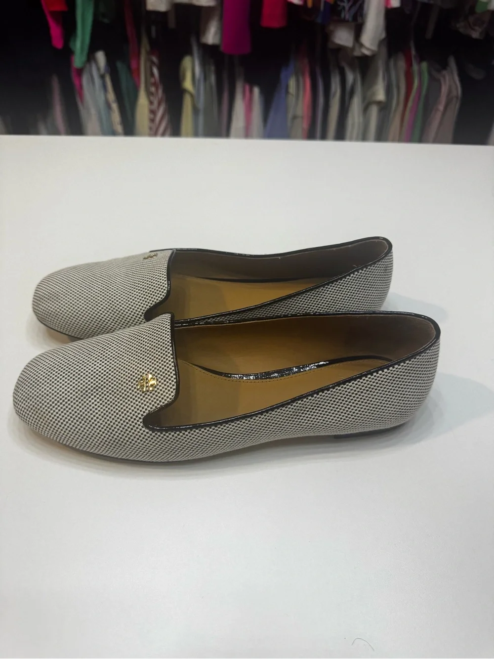 Tory Burch Black & White Micro-Check Leather-Trim Loafers